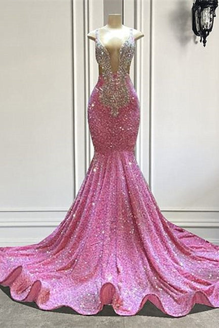 Pink Sequined Sleeveless Prom Dress Straps Long Beaded Mermaid Formal Dress
