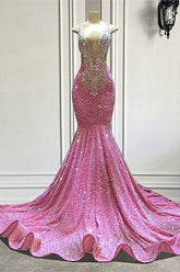 Pink Sequined Sleeveless Prom Dress Straps Long Beaded Mermaid Formal Dress