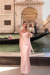 Pink Sheath/Column Prom Dress Sleeveless Square Neck Satin Formal Dress