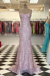 Pink Spaghetti Straps Mermaid Prom Dress Sleeveless Formal Dress With Sequins