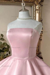 Pink Strapless A-Line Homecoming Dress with Bow & Ruffle Hem