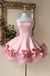 Pink Strapless A-Line Homecoming Dress with Bow & Ruffle Hem