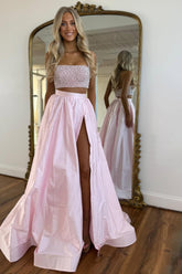 Pink Strapless Beaded Top Long Satin Prom Dress With Slit Formal Evening Gown