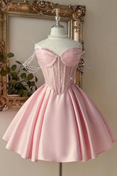 Pink Sweetheart Corset A-Line Homecoming Dress with Pearl Straps