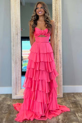 Pink Sweetheart Ruffled Long Prom Dress with Slit