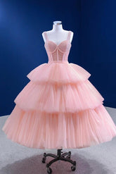 Pink Tiered Prom Dress Sweetheart Tea Length Party Evening Dress