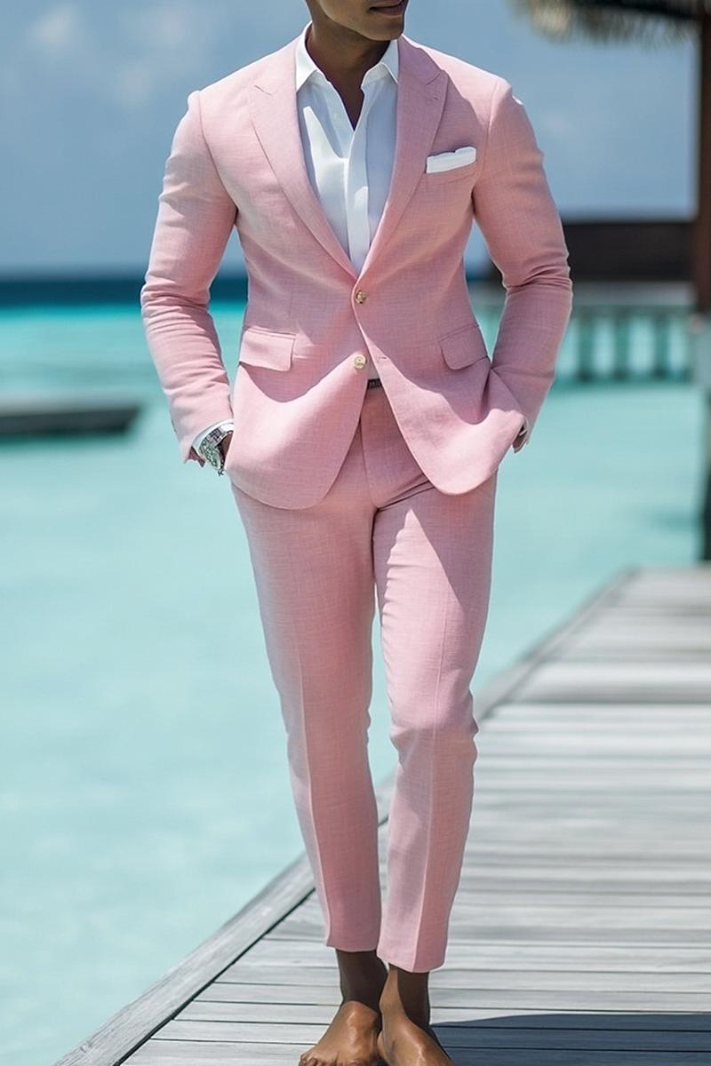 Pink Two-Button Single-Breasted Beach Wedding Suits For Men Standard Fit 2-Piece Set