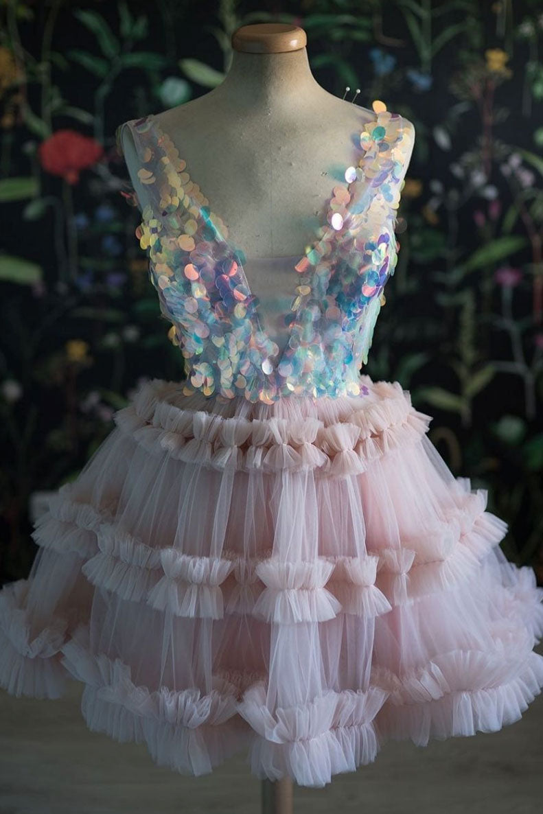 Pink V Neck Homecoming Dress Tulle Sequin A Line Short Cocktail Dress