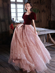Pink Velvet Formal Dress A Line Tulle Long Evening Dress