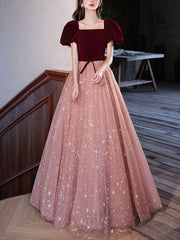 Pink Velvet Formal Dress A Line Tulle Long Evening Dress