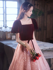 Pink Velvet Formal Dress A Line Tulle Long Evening Dress