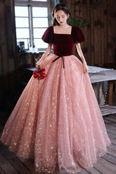 Pink Velvet Formal Dress A Line Tulle Long Evening Dress