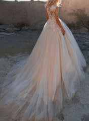 Pink Wedding Dress With Train Appliques Lace