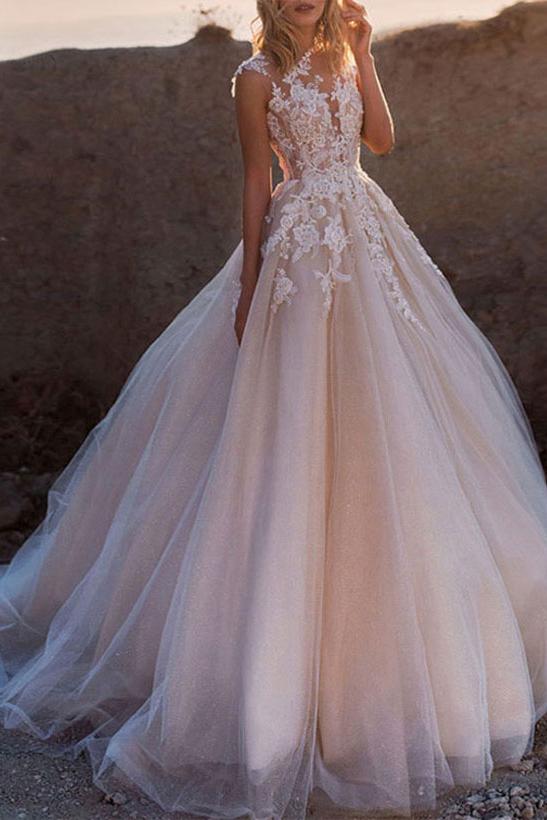 Pink Wedding Dress With Train Appliques Lace