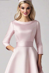 Pink Wedding Guest Dress Satin A Line Tea Length Formal Dress With 3/4 Sleeves