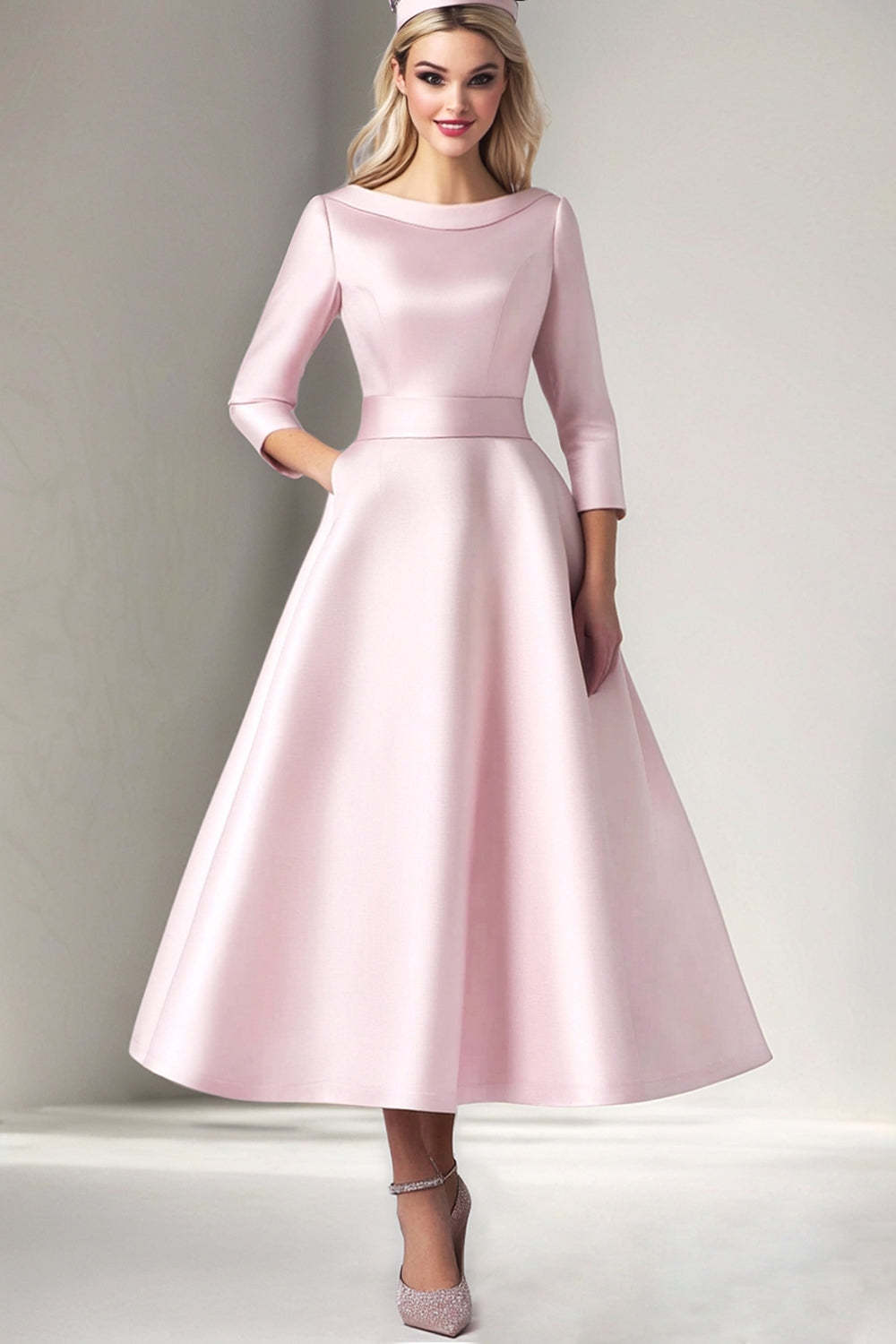 Pink Wedding Guest Dress Satin A Line Tea Length Formal Dress With 3/4 Sleeves