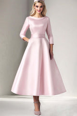 Pink Wedding Guest Dress Satin A Line Tea Length Formal Dress With 3/4 Sleeves