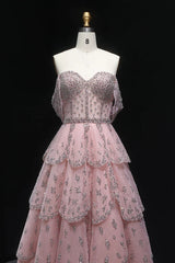 Dressystars Pink Off The Shoulder Prom Dress A Line Tiered Beaded Formal Dress