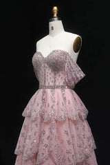 Dressystars Pink Off The Shoulder Prom Dress A Line Tiered Beaded Formal Dress