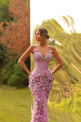 Pink Spaghetti Straps Prom Dress Tulle Mermaid Formal Dress with 3D Flowers