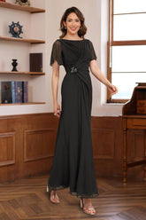 Pleated A-Line Mother of the Bride & Groom Dress with Scoop Neck Half Sleeves and Beadings