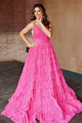 Pleated Magenta Prom Dress Straps Ruffle Layered Formal Dress Evening Dress