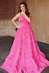 Pleated Magenta Prom Dress Straps Ruffle Layered Formal Dress Evening Dress