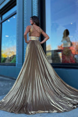 Pleated Prom Dress Criss Cross Straps Metallic Long Evening Dress