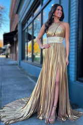 Pleated Prom Dress Criss Cross Straps Metallic Long Evening Dress
