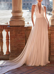 Plunge A Line Chiffon Pleated Wedding Dress