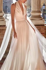 Plunge A Line Chiffon Pleated Wedding Dress