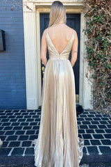 Plunging V Neck Gold Prom Dress Pleated Long Evening Dress