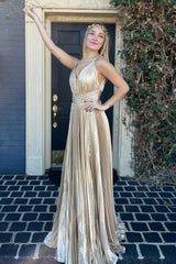 Plunging V Neck Gold Prom Dress Pleated Long Evening Dress