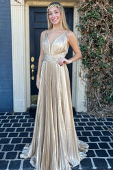 Plunging V Neck Gold Prom Dress Pleated Long Evening Dress