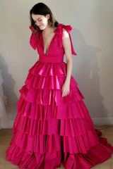 Plunging V Neck Prom Dress Fuchsia Bow Straps Ruffle Ball Gown Evening Dress
