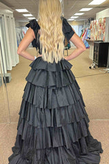 Plunging V Neck Prom Dress Fuchsia Bow Straps Ruffle Ball Gown Evening Dress