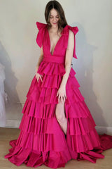 Plunging V Neck Prom Dress Fuchsia Bow Straps Ruffle Ball Gown Evening Dress