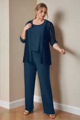 Plus Size 3-Piece Chiffon Pantsuit with Scoop Neck 3/4 Sleeves and Floor-Length Jacket Featuring Pockets