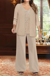 Plus Size 3-Piece Mother of the Bride Chiffon Pantsuit with V-Neck Floor-Length Jacket & Sequins