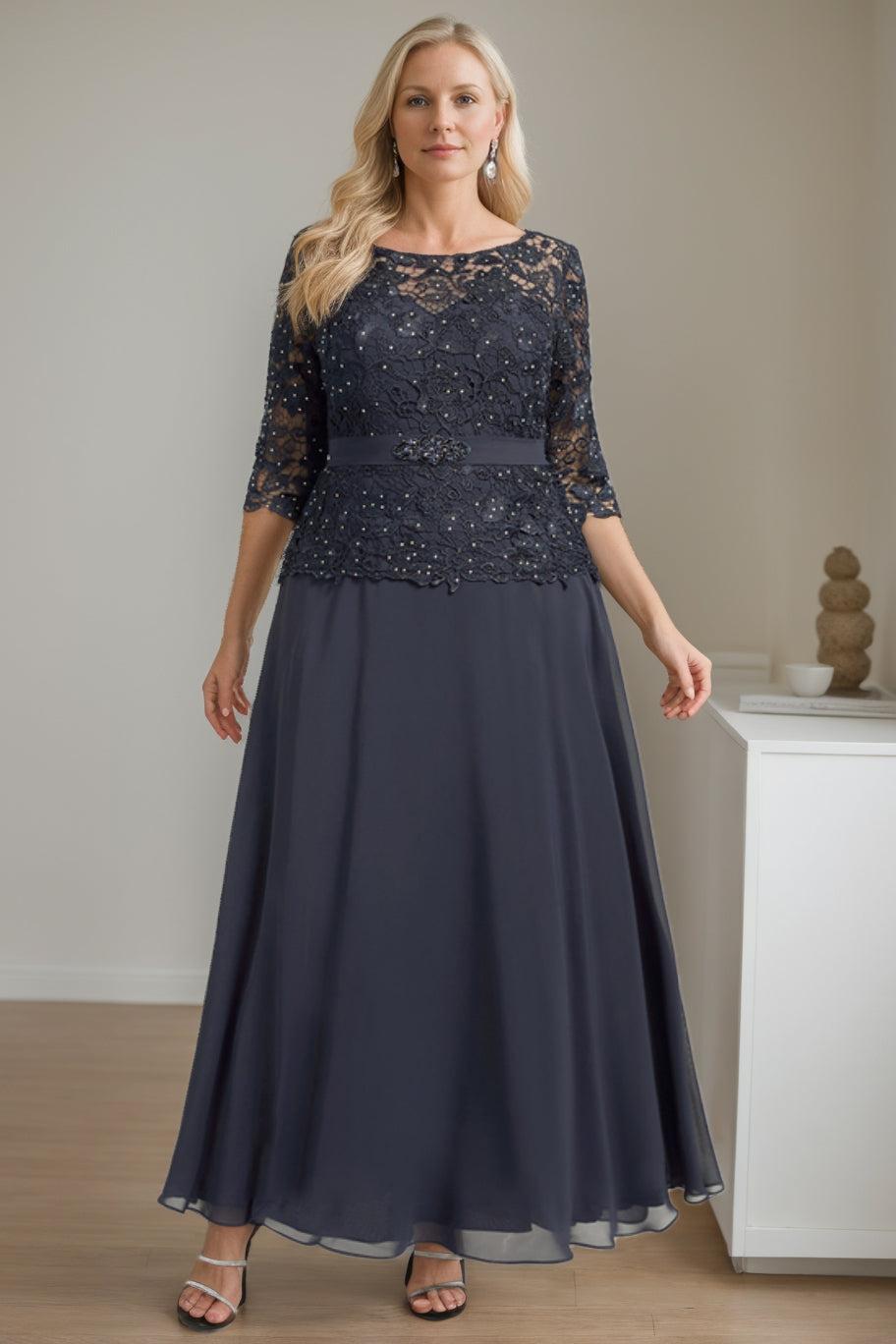 Plus Size A-Line Princess Scoop Neck Ankle-Length Mother of the Bride Dress with Beading and Rhinestones