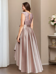 Plus Size Asymmetrical A-Line Mother Of The Bride Dress With Jewel Neck And Pleats