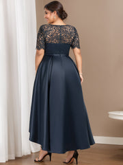 Plus Size Asymmetrical A-Line Princess Dress with Round Neck and Short Sleeves Appliques for Mother of the Bride