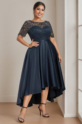Plus Size Asymmetrical A-Line Princess Dress with Round Neck and Short Sleeves Appliques for Mother of the Bride