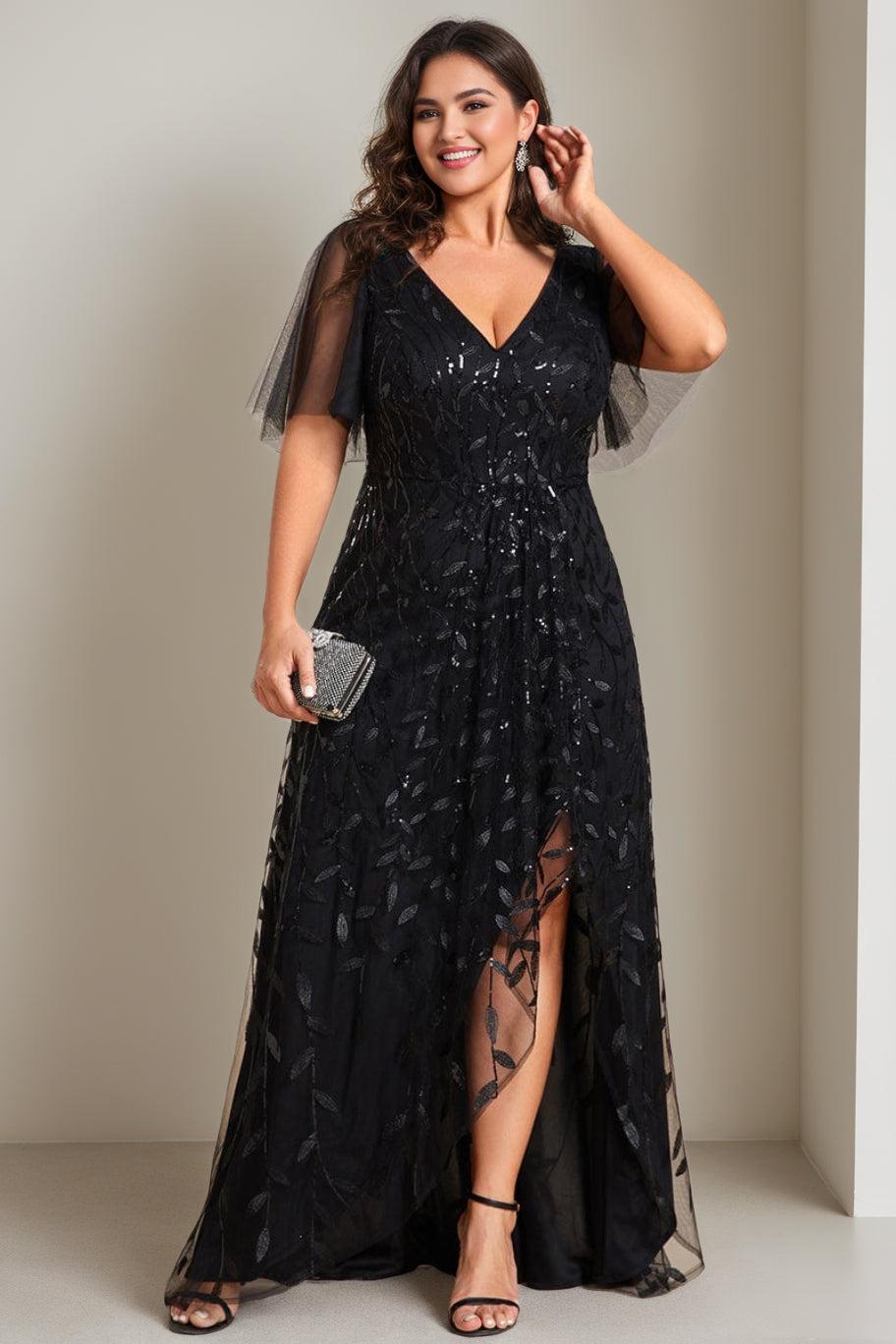Plus Size Asymmetrical A-Line Princess V-Neck Short Sleeve Mother of the Bride Dress with Sequins