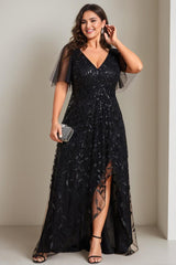 Plus Size Asymmetrical A-Line Princess V-Neck Short Sleeve Mother of the Bride Dress with Sequins