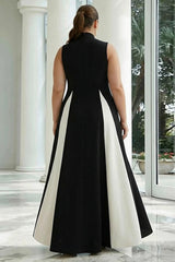 Dressystars Plus Size Black And White A-Line High Neck Long Satin Prom Dress