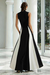 Dressystars Plus Size Black And White A-Line High Neck Long Satin Prom Dress