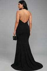 Dressystars Plus Size Black Mermaid Halter Long Prom Dress With Slit