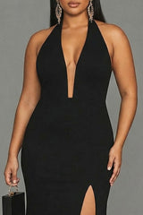 Dressystars Plus Size Black Mermaid Halter Long Prom Dress With Slit
