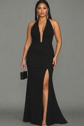 Dressystars Plus Size Black Mermaid Halter Long Prom Dress With Slit